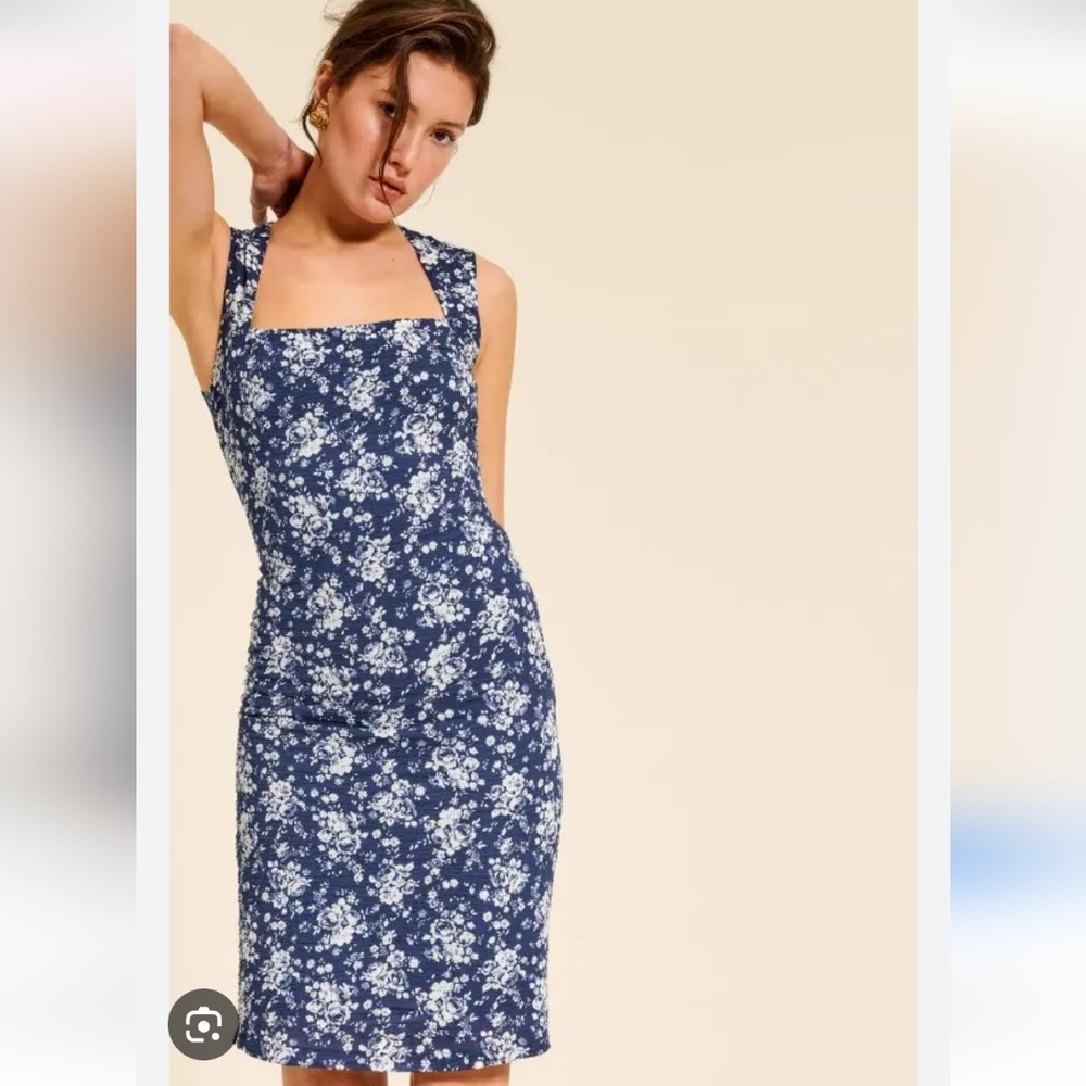 Rouje Elna Floral Mini Dress Blue White Square Neck XS/34 Sleeveless Summer
